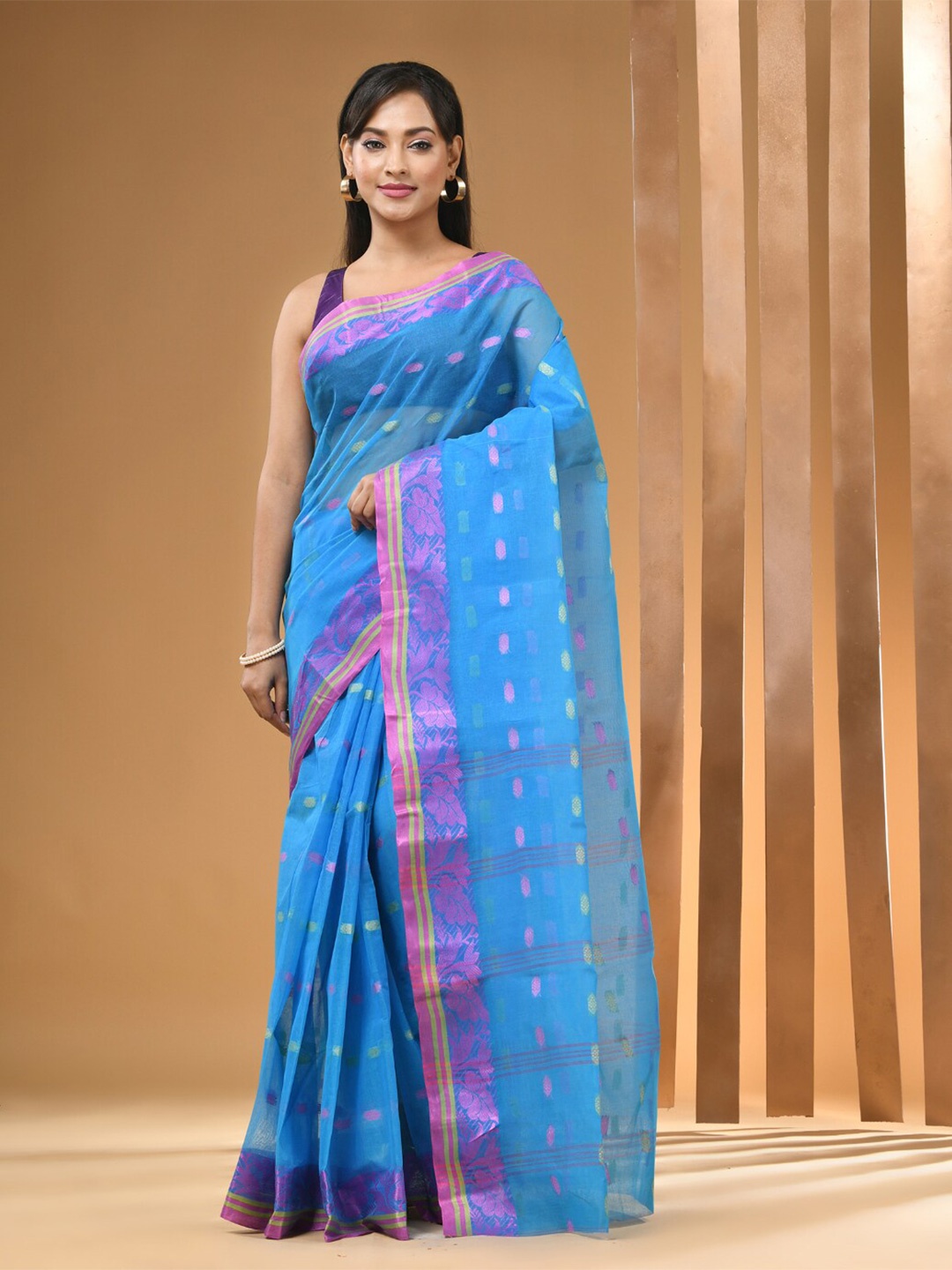 

Arhi Ethnic Motifs Woven Design Pure Cotton Taant Saree, Blue