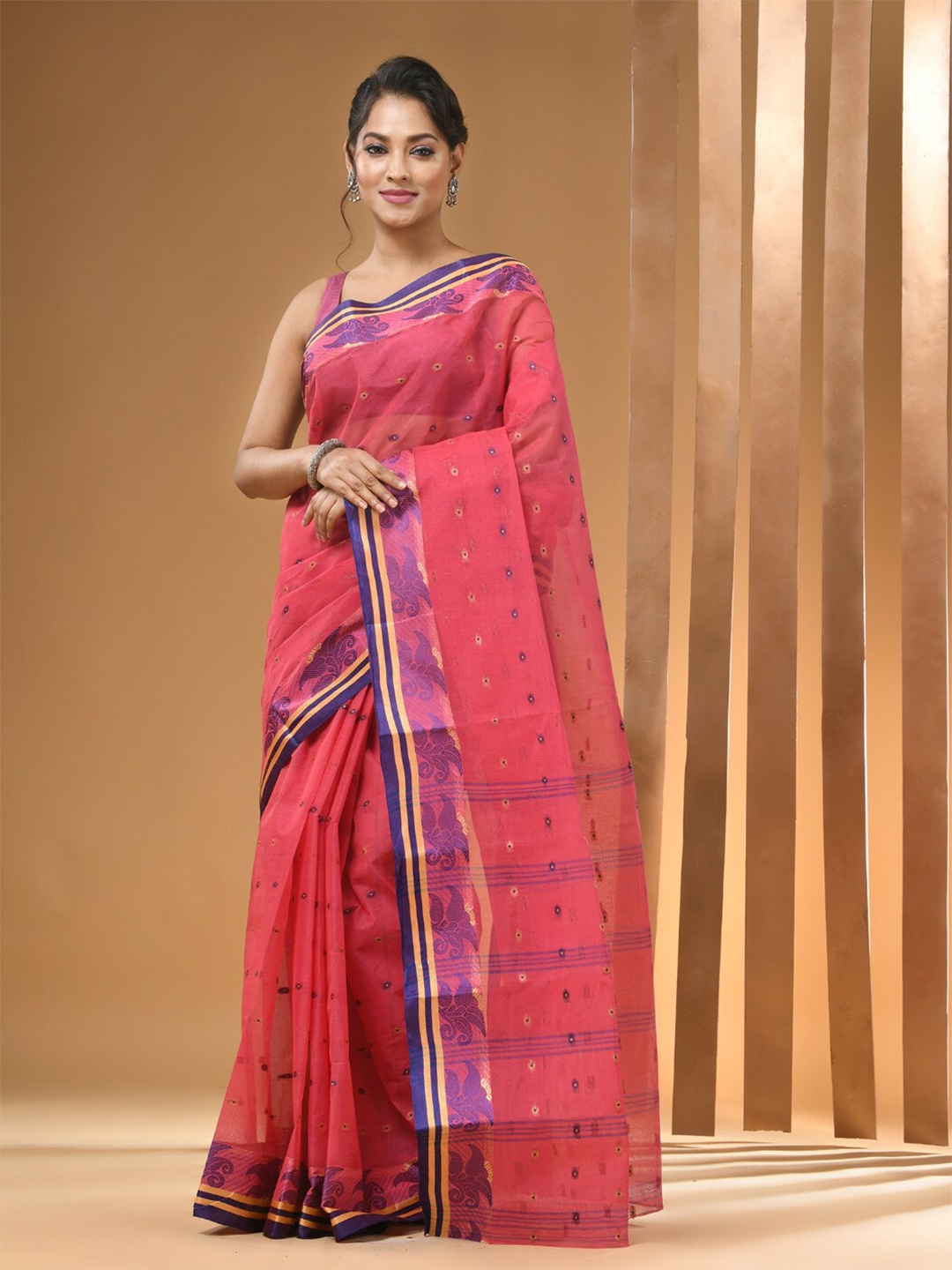 

Arhi Ethnic Motifs Woven Design Pure Cotton Taant Saree, Pink