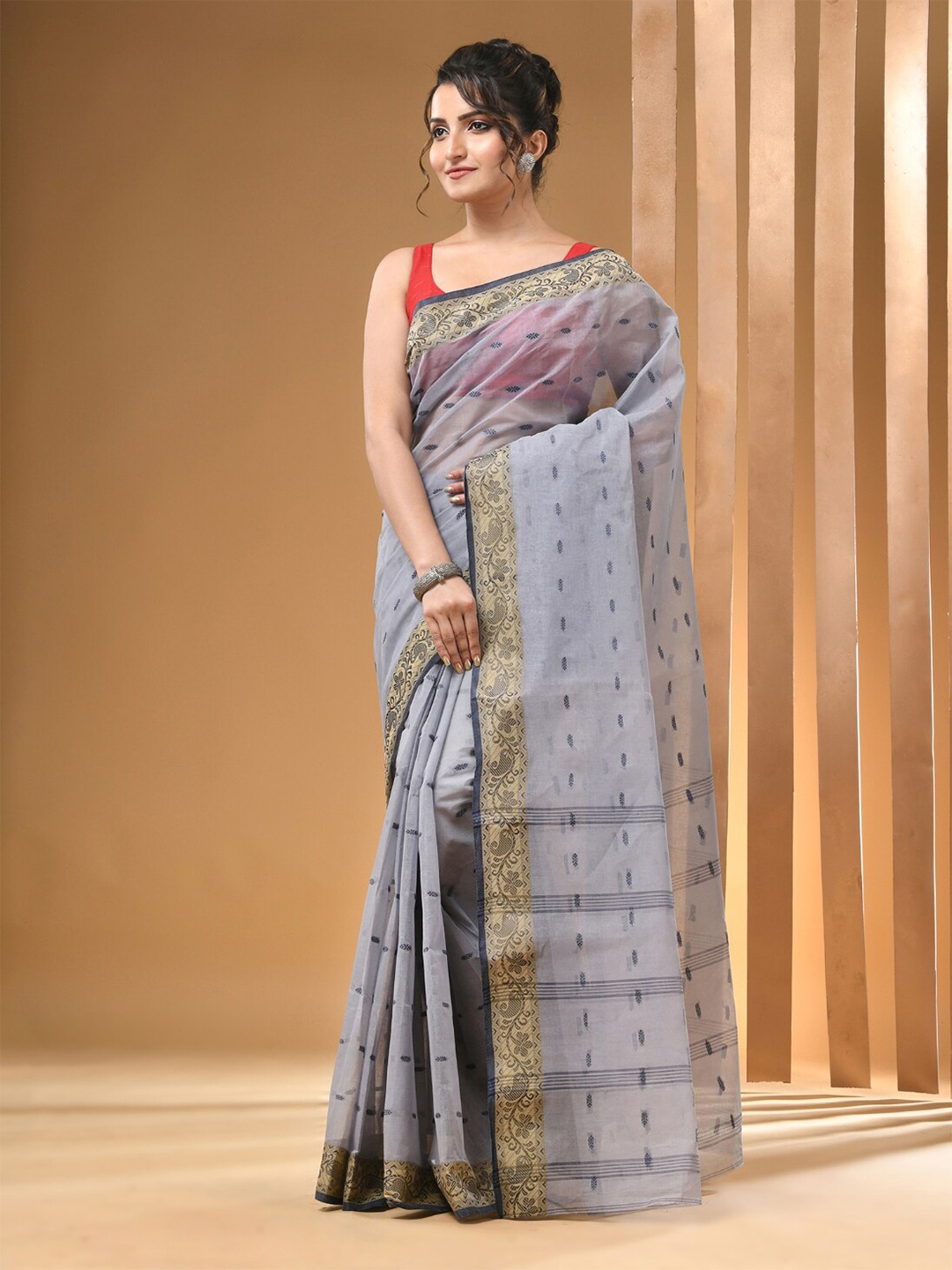 

Arhi Ethnic Motifs Woven Design Pure Cotton Taant Saree, Grey