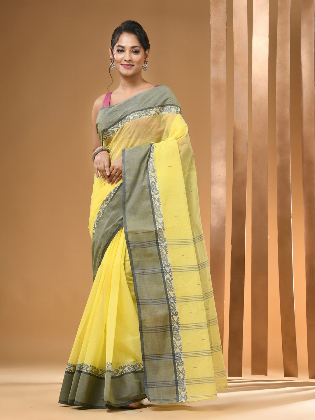 

Arhi Ethnic Motifs Woven Design Pure Cotton Taant Saree, Yellow