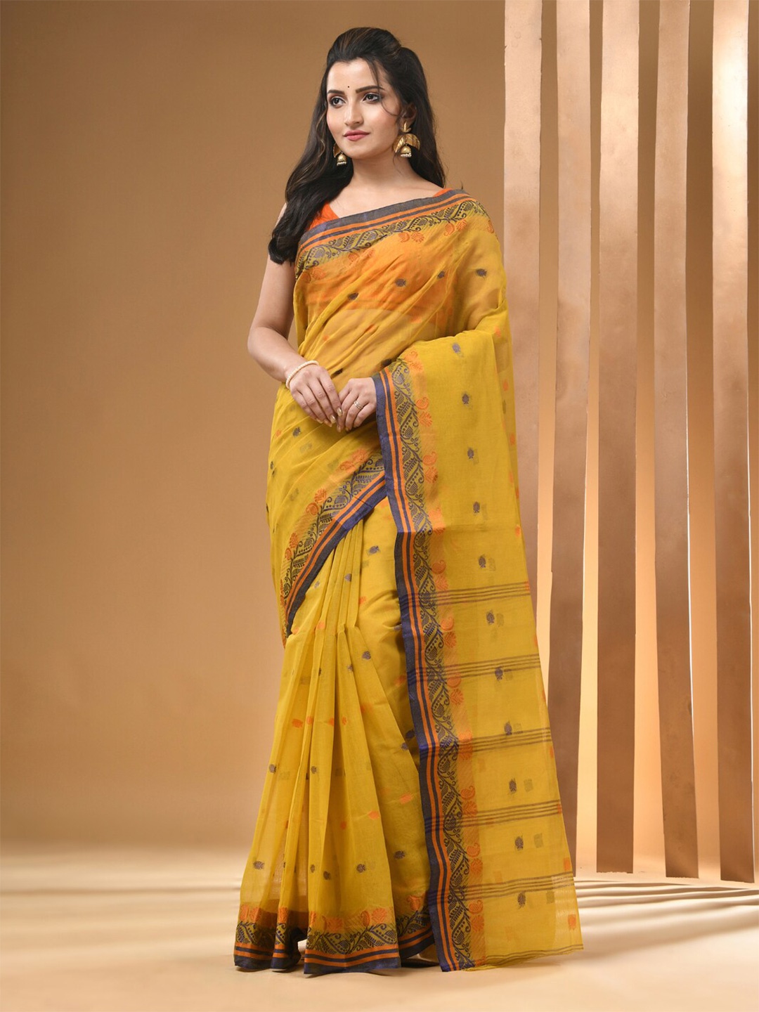 

Arhi Ethnic Motifs Woven Design Pure Cotton Taant Saree, Mustard