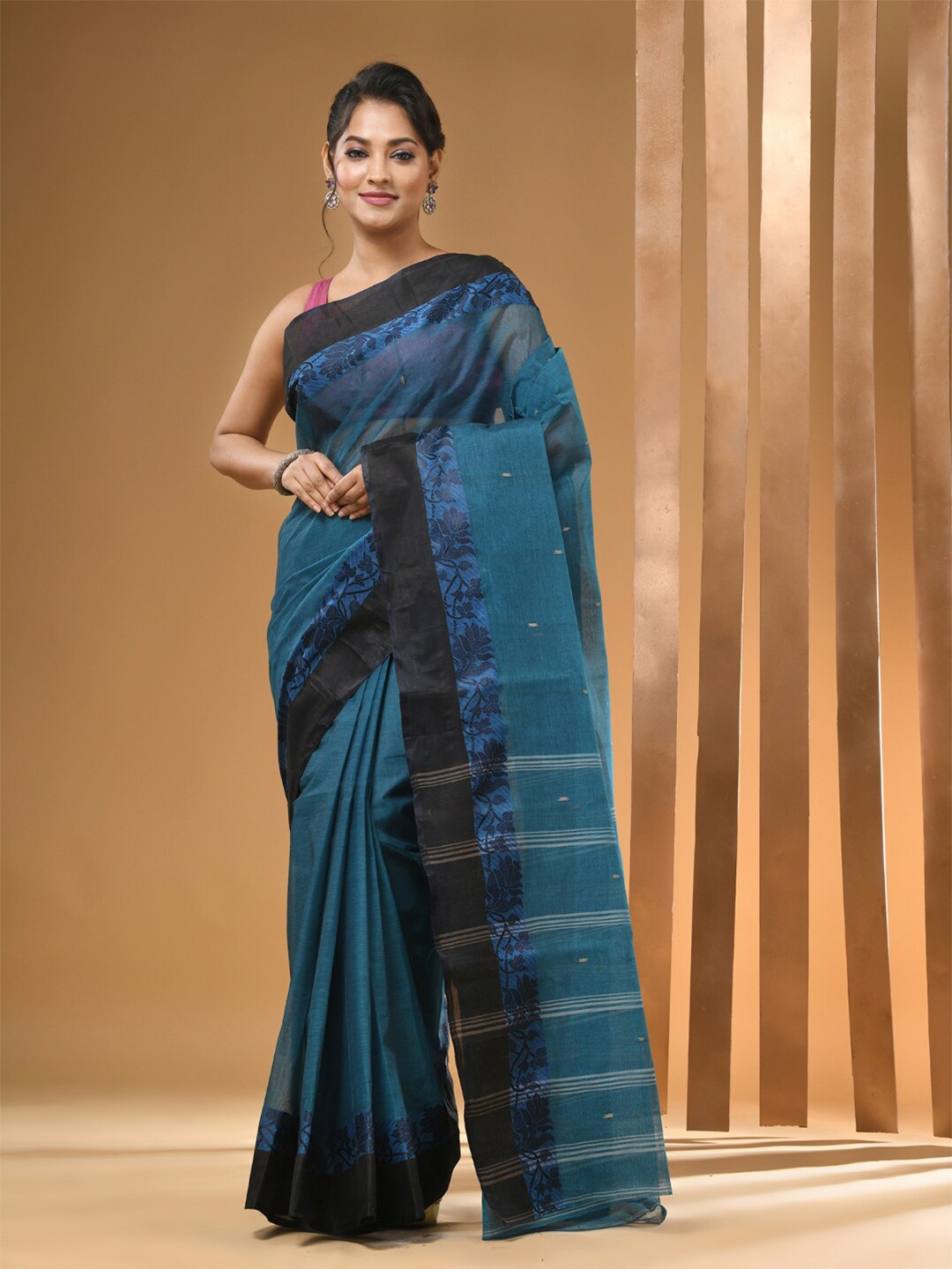 

Arhi Ethnic Motifs Woven Design Zari Pure Cotton Taant Saree, Teal