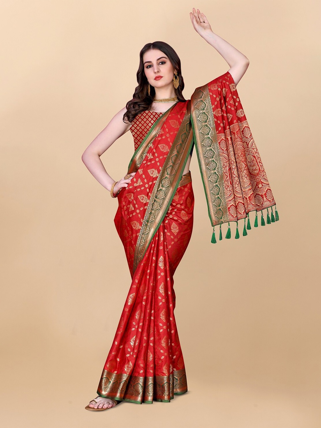 

bansari textiles Ethnic Motifs Zari Banarasi Saree, Red