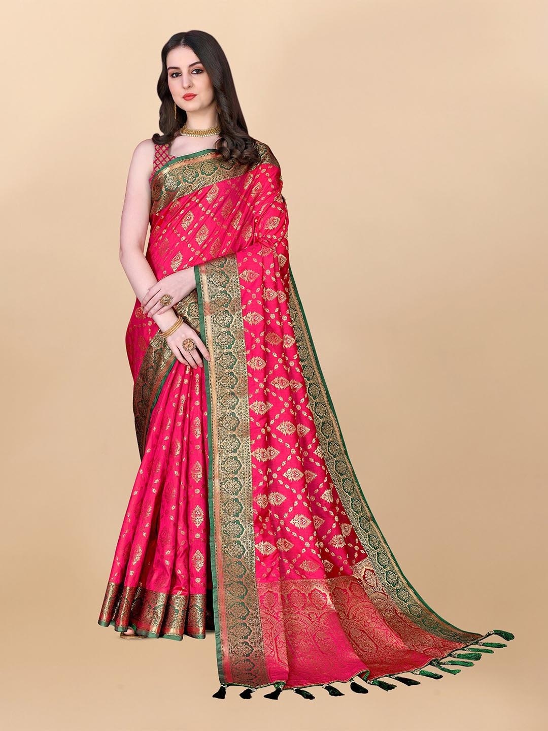 

bansari textiles Ethnic Motifs Zari Woven Designer Banarasi Saree, Pink