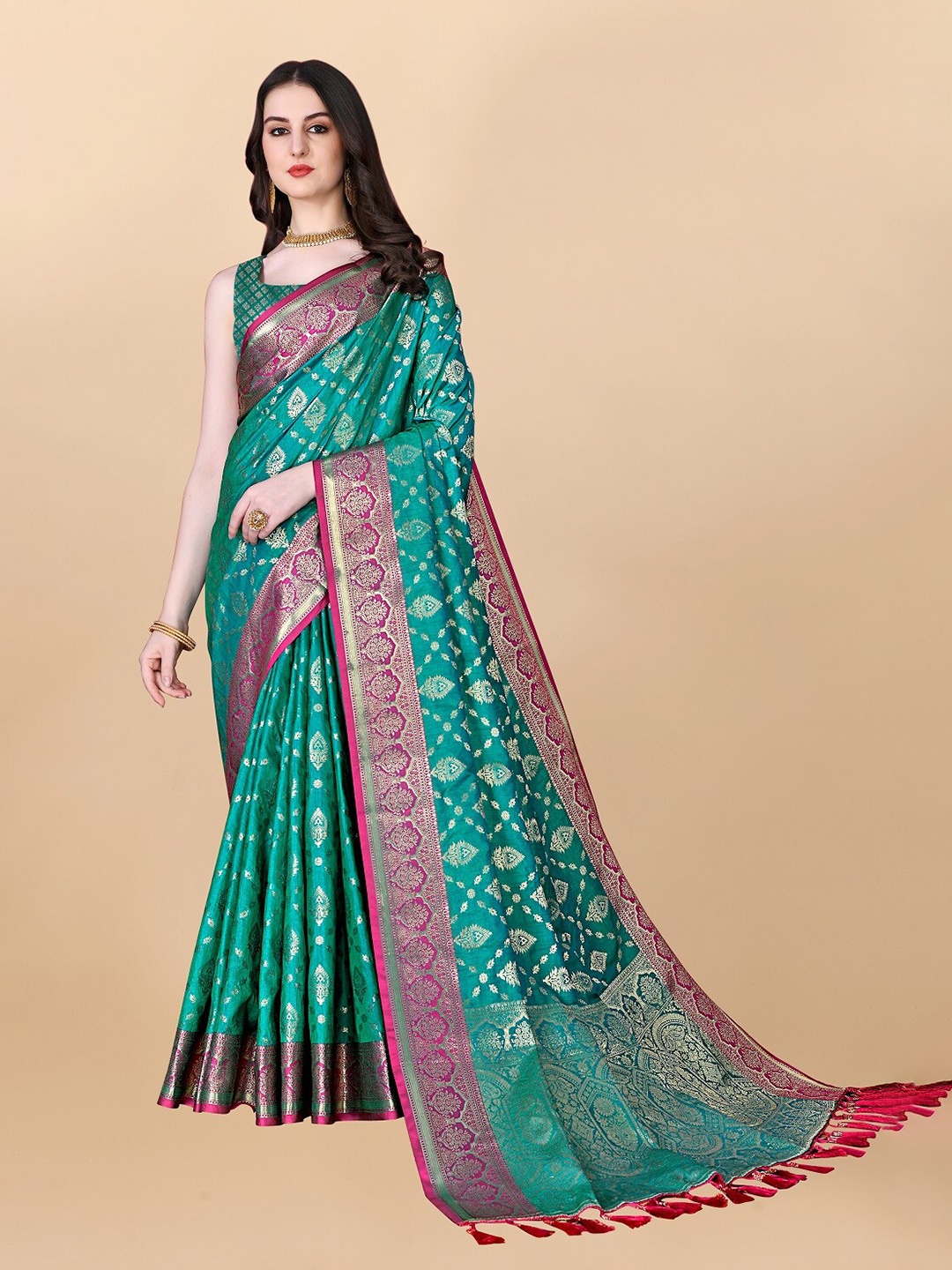 

bansari textiles Ethnic Motifs Woven Design Banarasi Zari Saree, Sea green