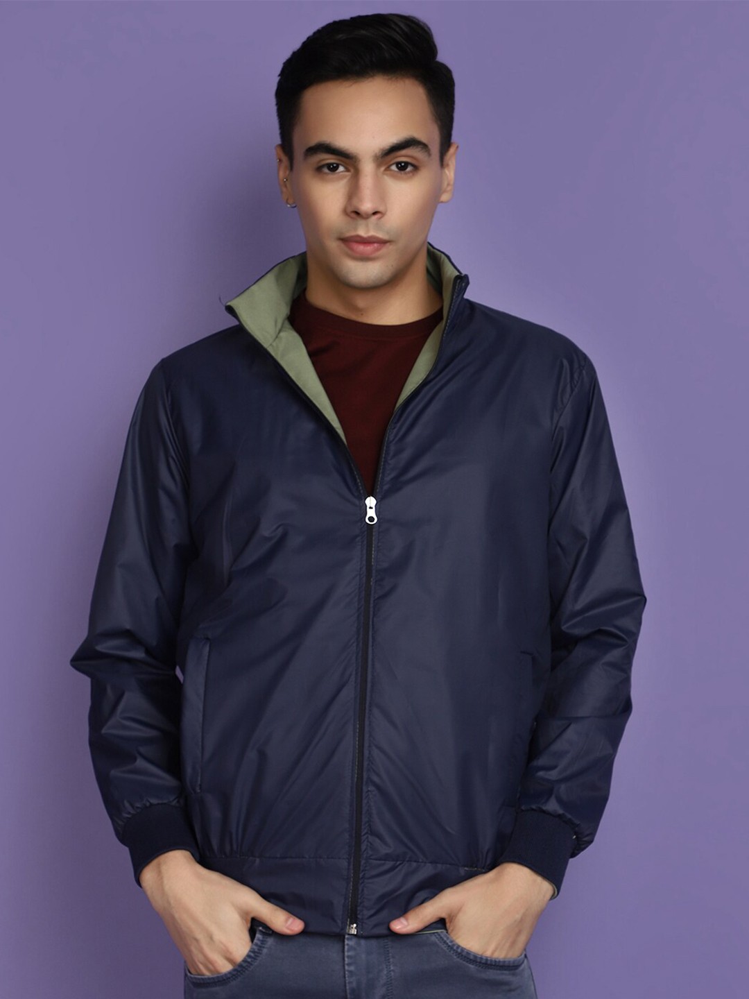 

V-Mart Mock Collar Reversible Bomber Jacket, Green