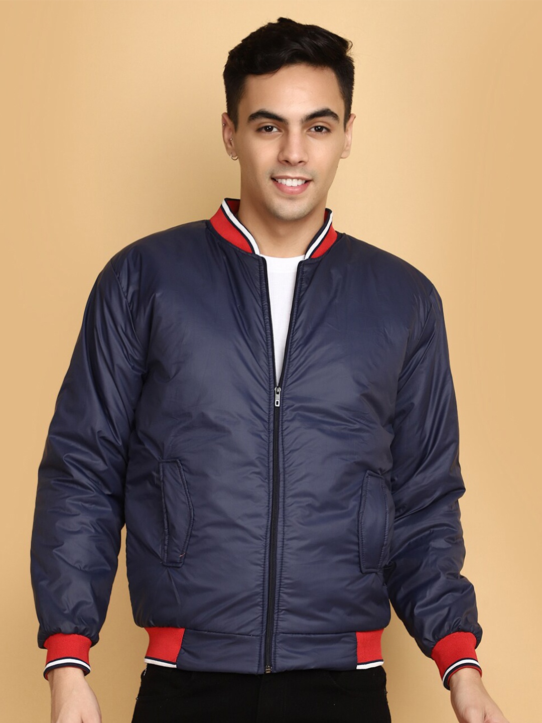 

V-Mart Stand Collar Bomber Jacket, Blue