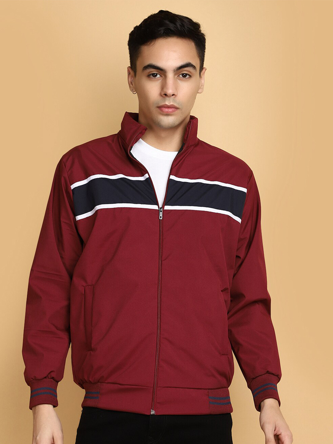 

V-Mart Striped Bomber Jacket, Maroon