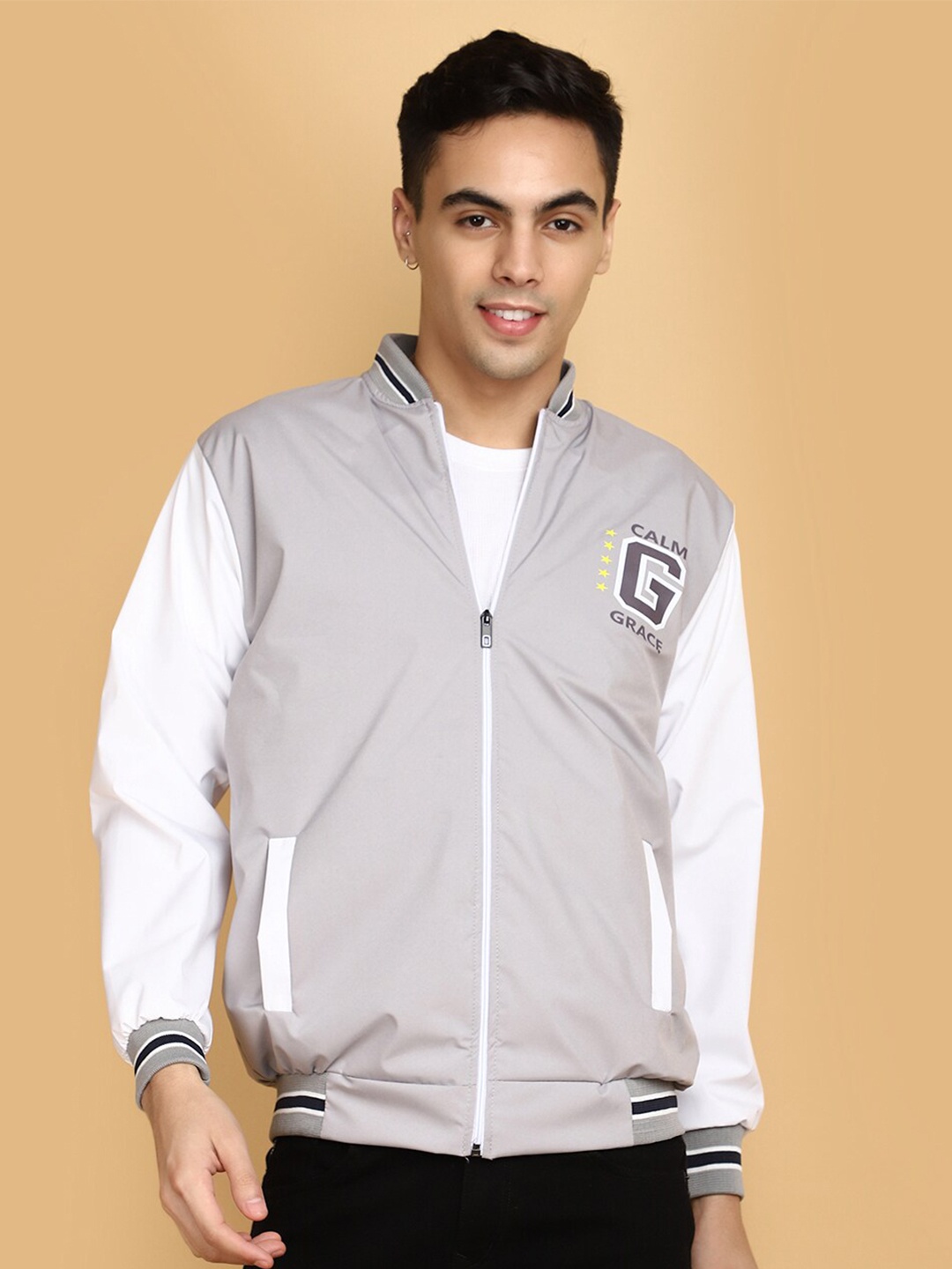 

V-Mart Colourblocked Varsity Jacket, Grey