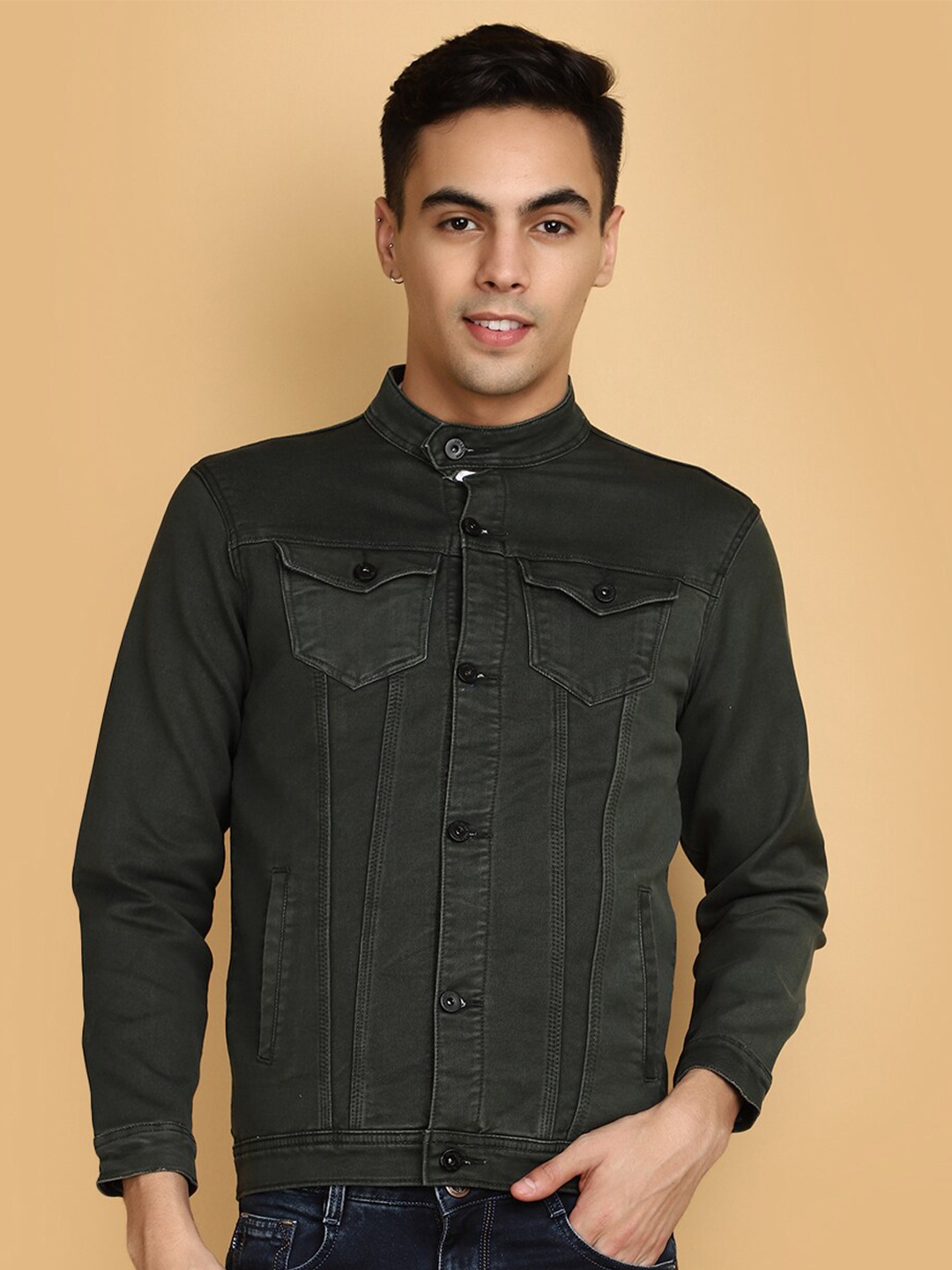 

V-Mart Stand Collar Denim Jacket, Grey