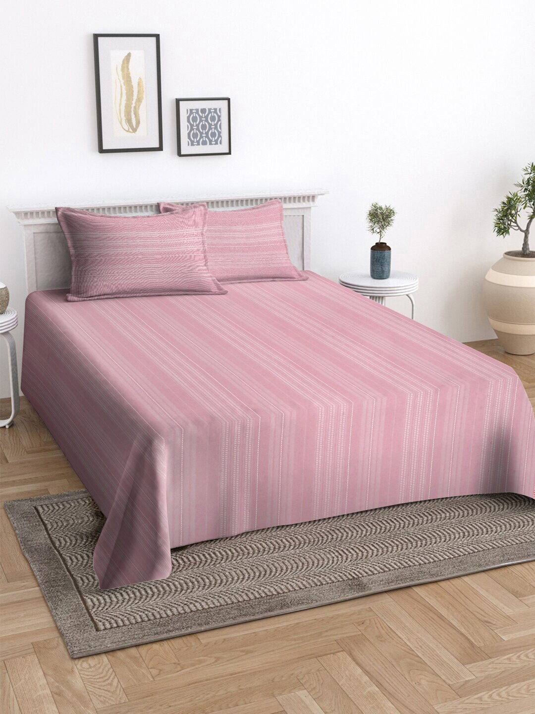 

KLOTTHE Pink Striped 400 TC Pure Cotton King Size Double Bedcover with 2 Pillow covers
