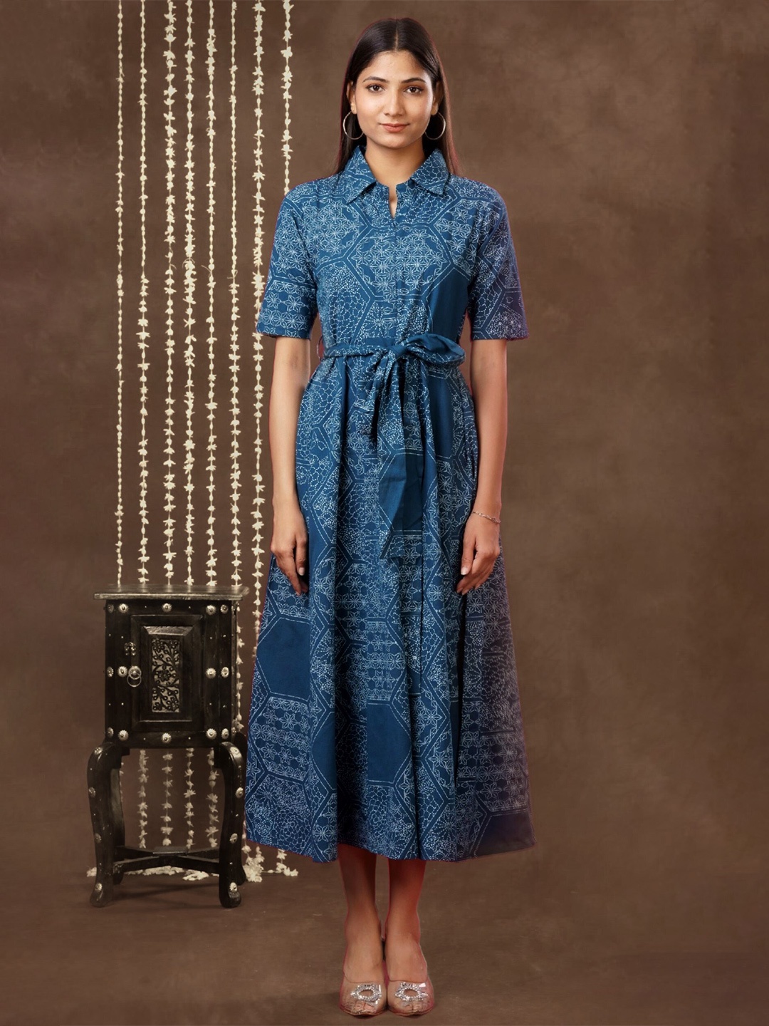 

mokshi Cotton Fit & Flare Midi Dress, Blue