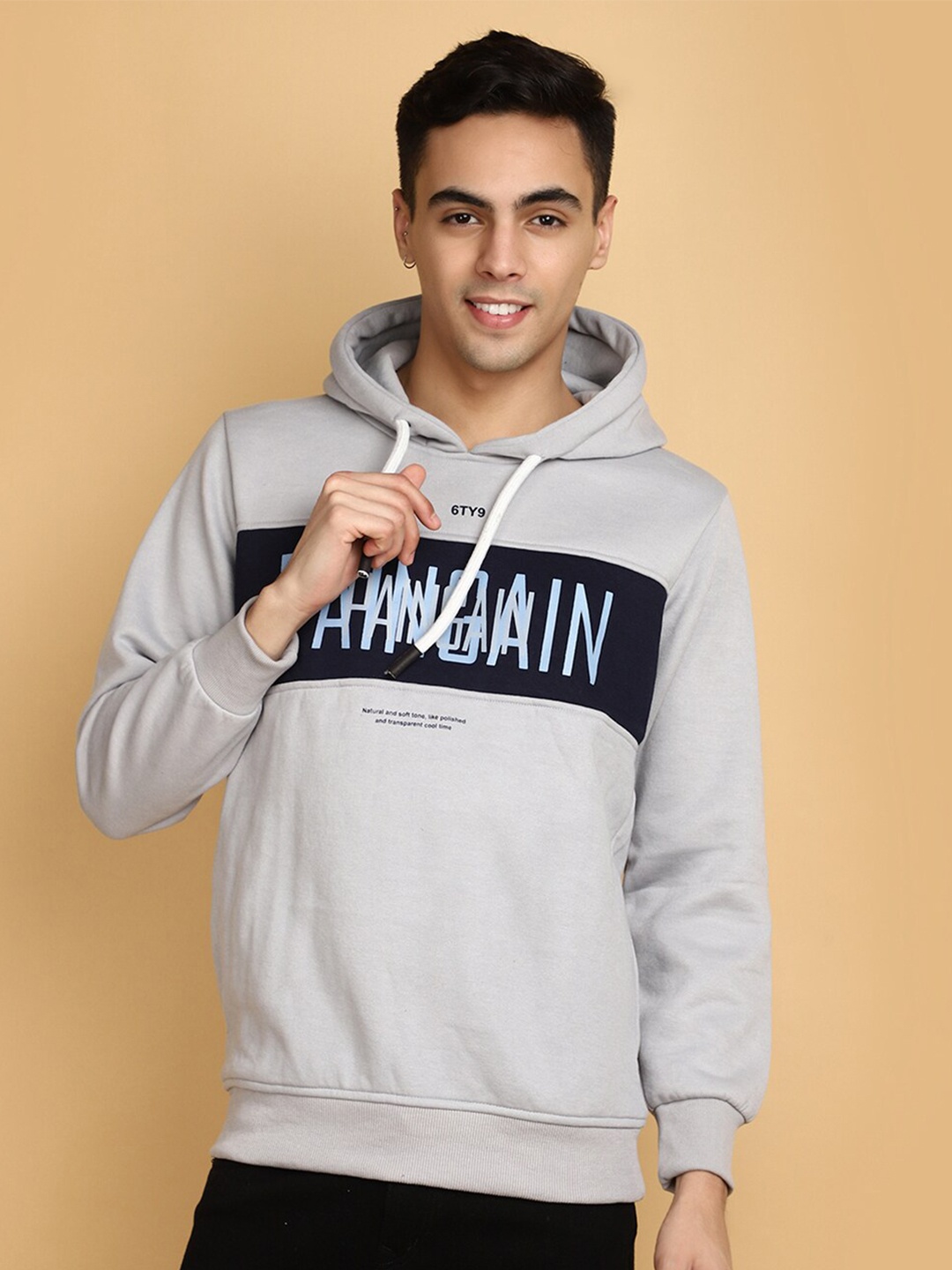 

V-Mart Typography Printed Long Sleeves Hooded Fleece Sweatshirt, Grey