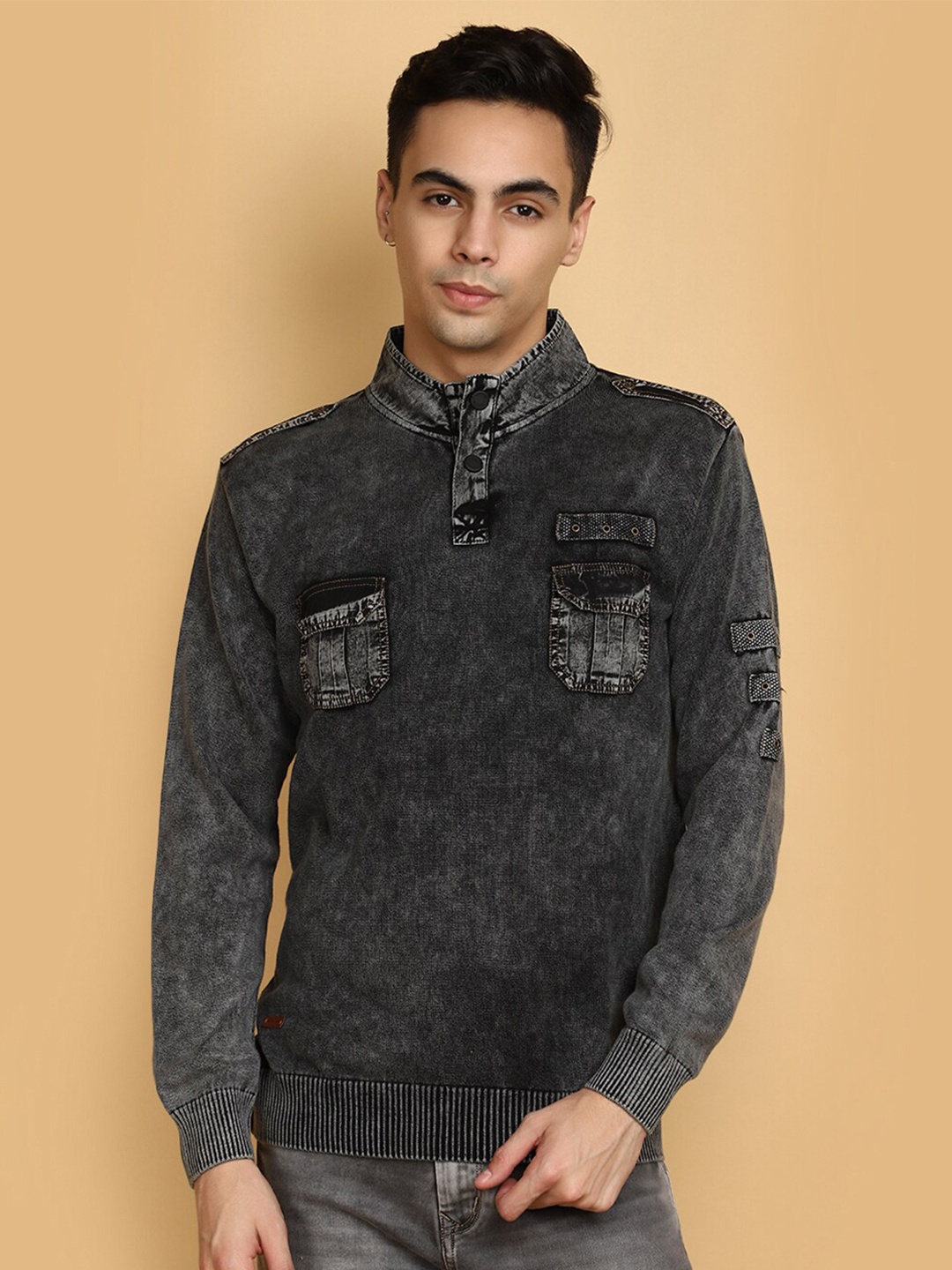 

V-Mart Self Design High Neck Long Sleeves Wool Sweatshirt, Grey