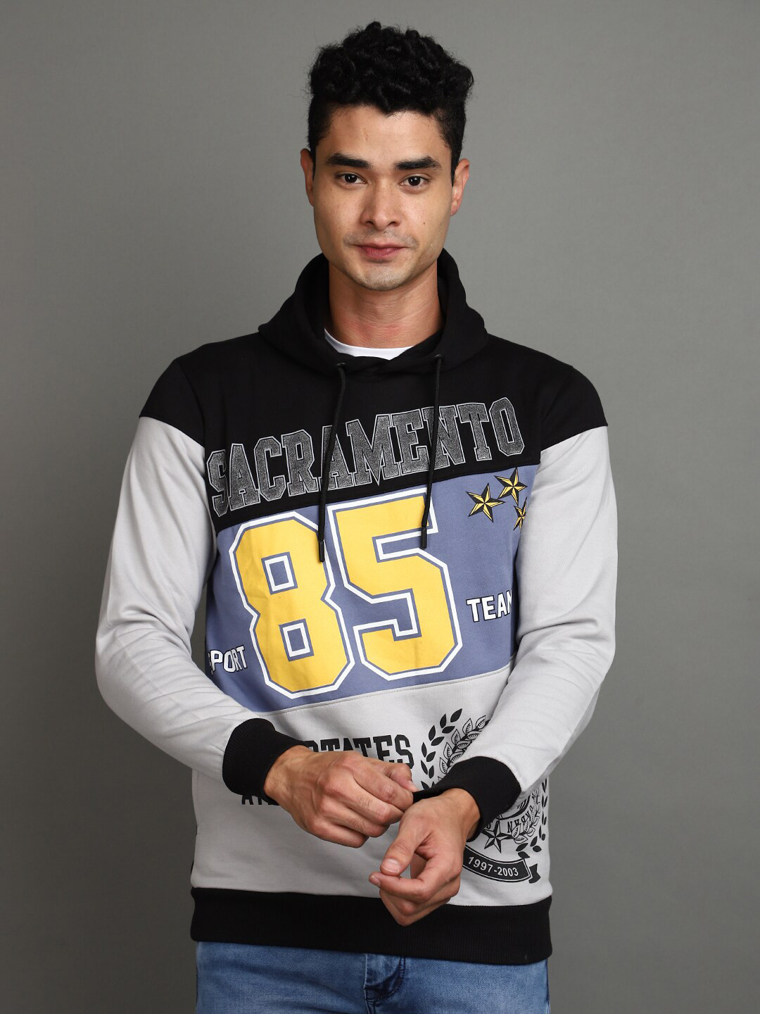 

V-Mart Typography Printed Hooded Fleece Pullover, Black