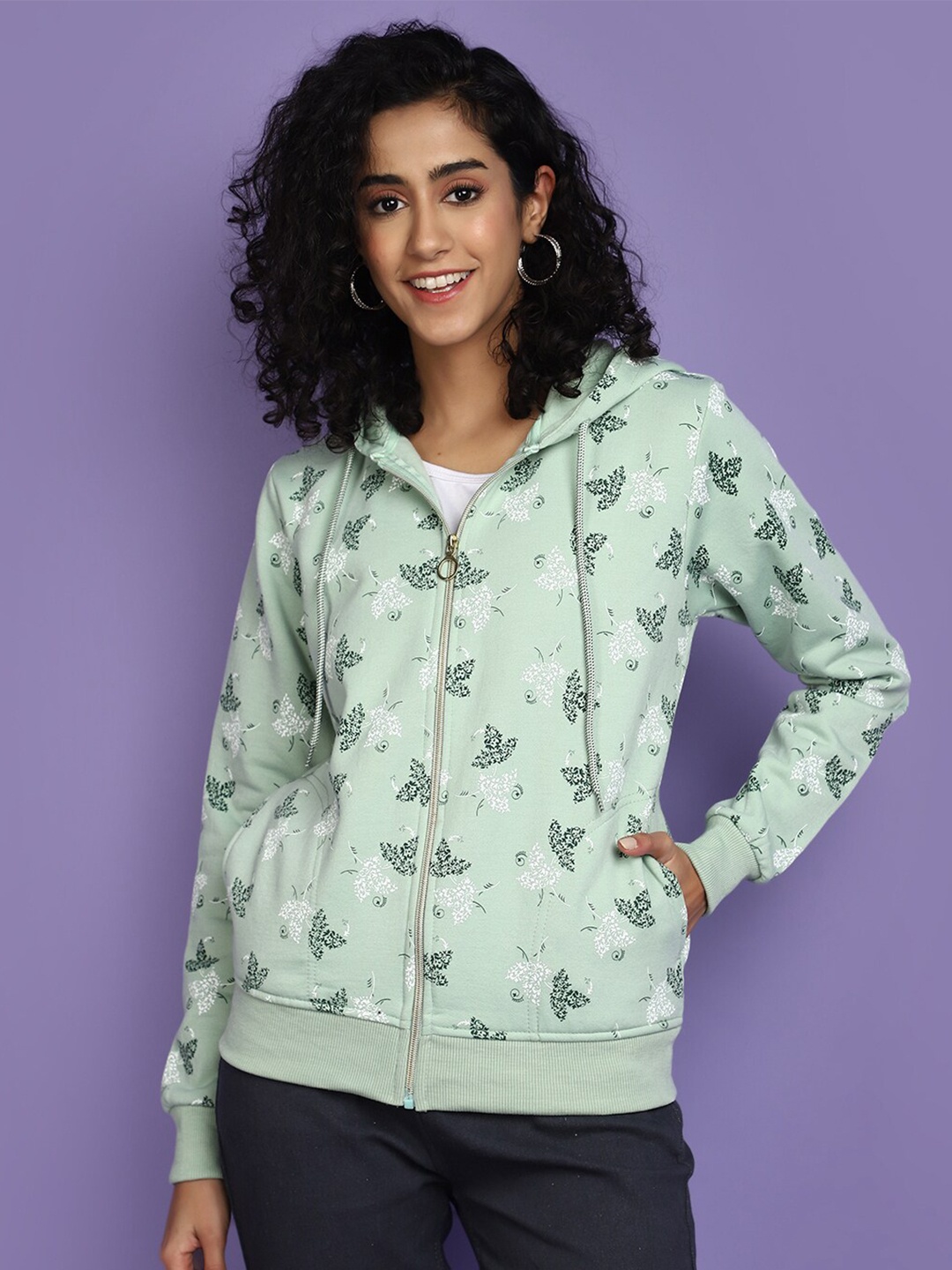 

V-Mart Floral Printed Hooded Fleece Sweatshirt, Green