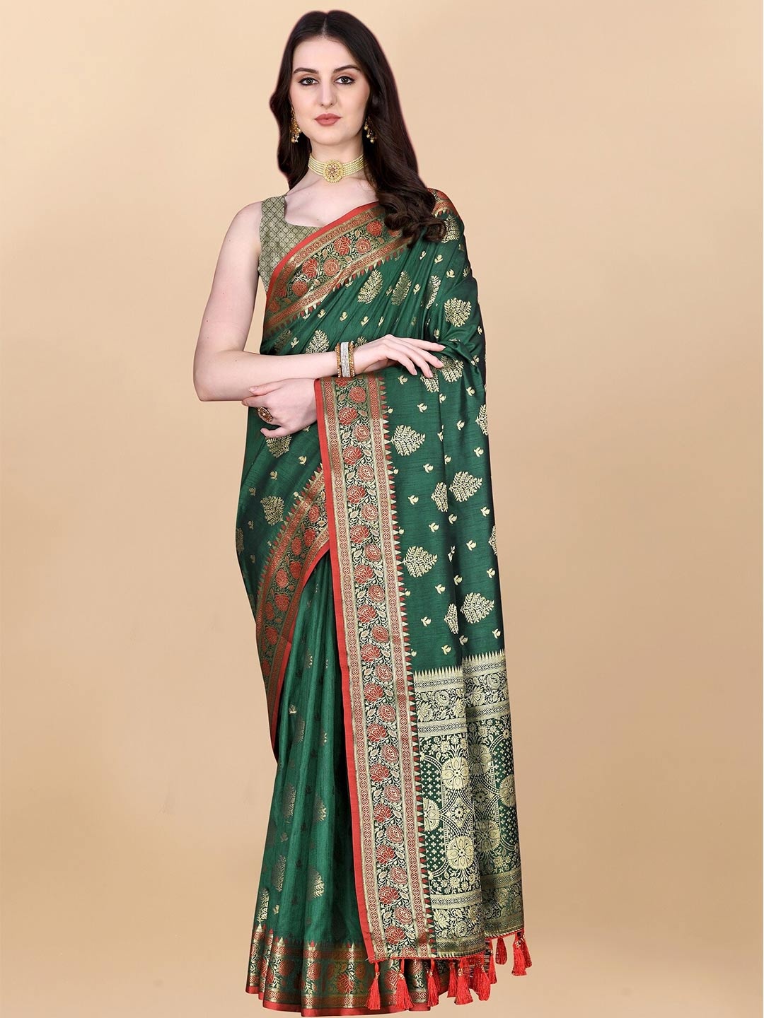 

bansari textiles Ethnic Motifs Zari Banarasi Saree, Green