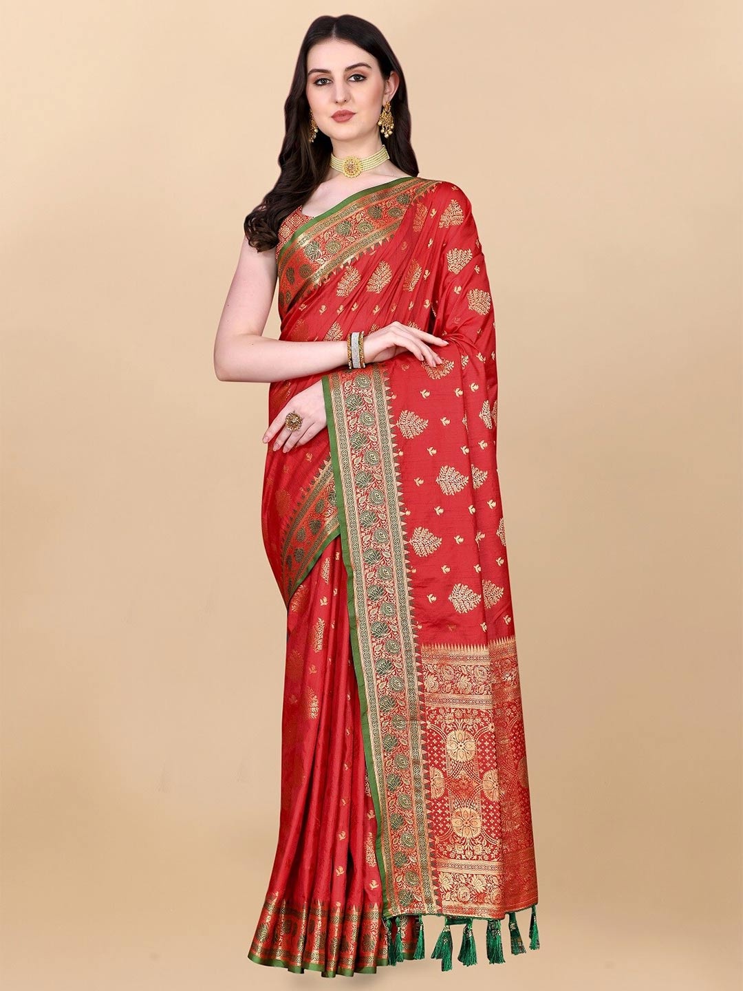 

bansari textiles Ethnic Motifs Zari Banarasi Saree, Red