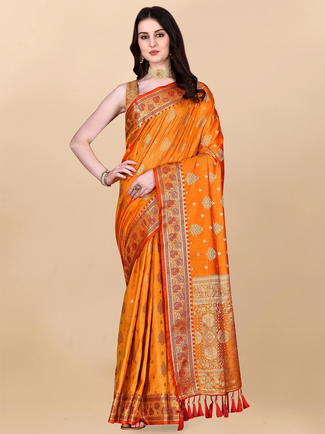 

bansari textiles Ethnic Motifs Zari Banarasi Saree, Orange
