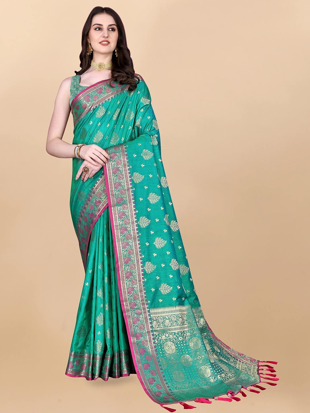 

bansari textiles Ethnic Motifs Zari Banarasi Saree, Sea green