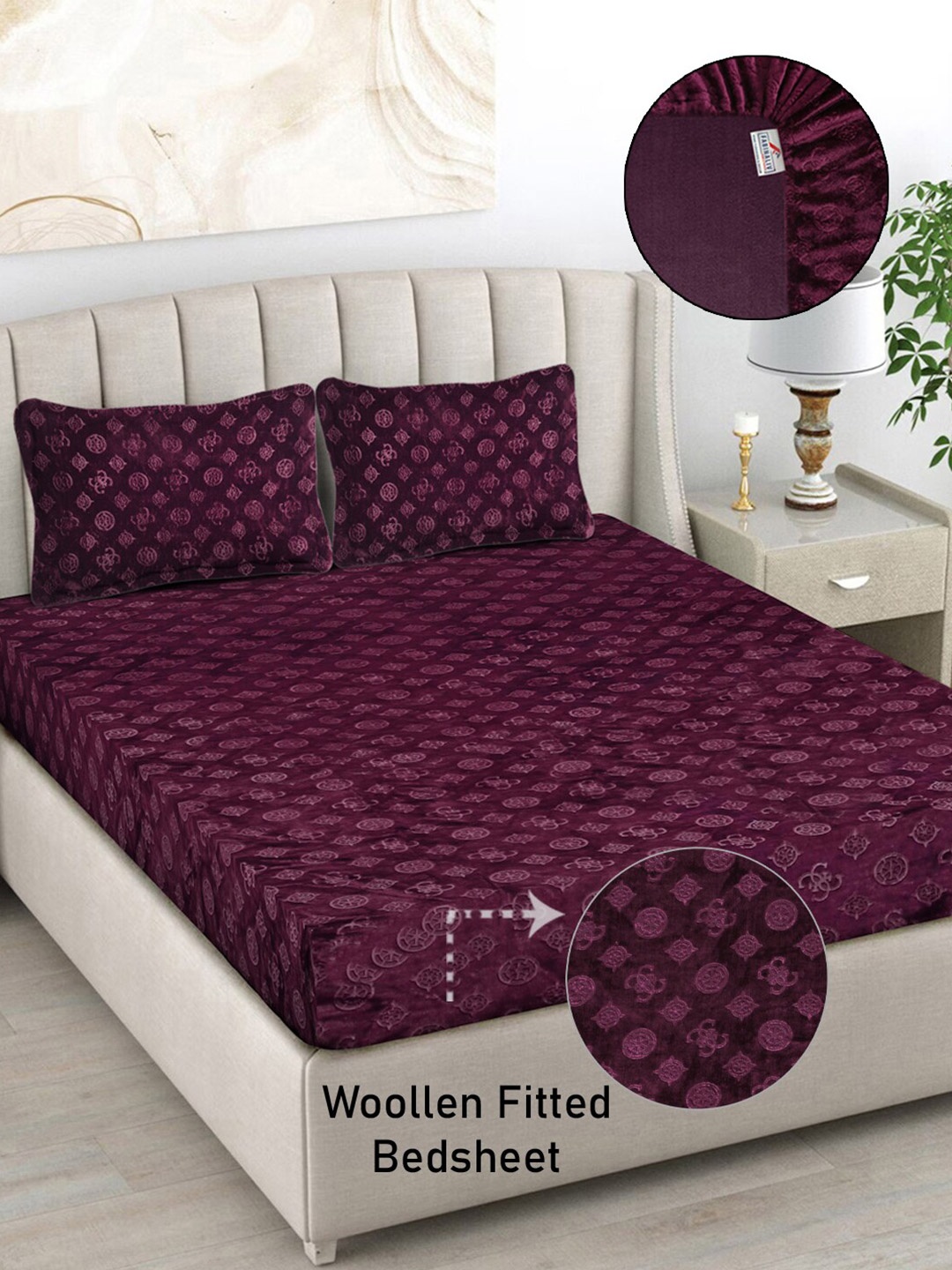 

FABINALIV Burgundy Geometric 300 TC Woollen King Size Fitted Bedsheet & 2 Pillow Covers