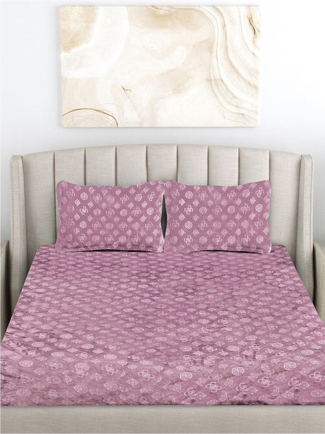 

FABINALIV Pink Geometric 300 TC Woollen King Size Fitted Bedsheet & 2 Pillow Covers