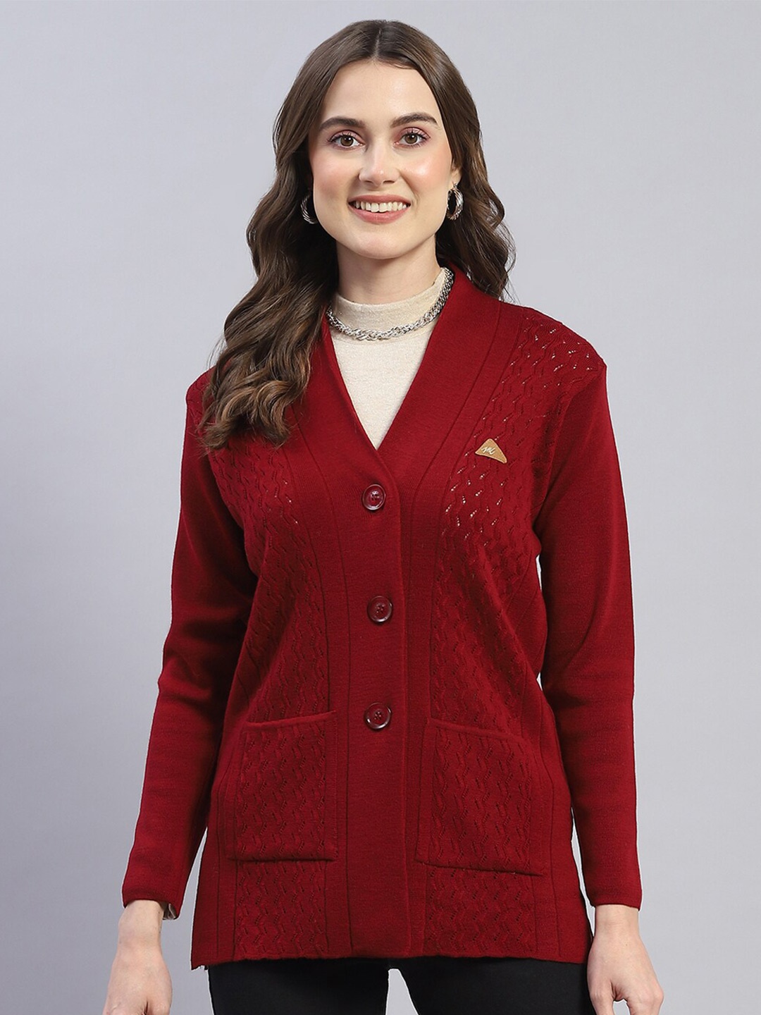 

Monte Carlo Self Design V-Neck Woollen Cardigan, Maroon