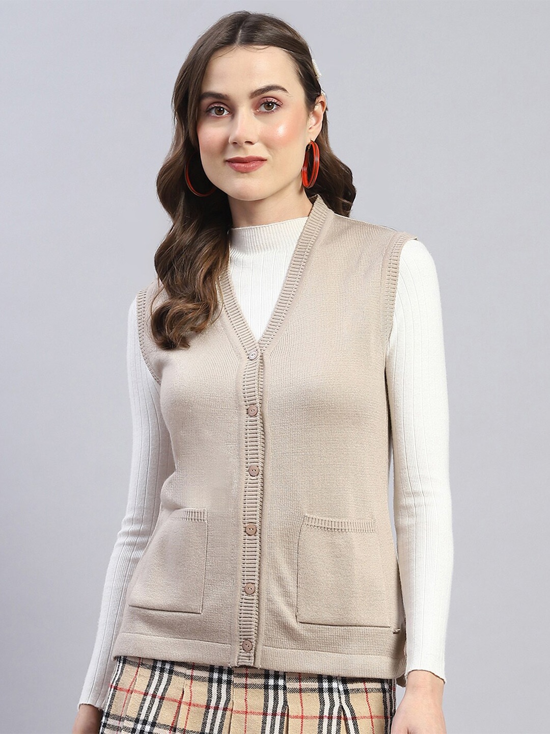 

Monte Carlo V-Neck Sleeveless Cardigan Sweater, Beige