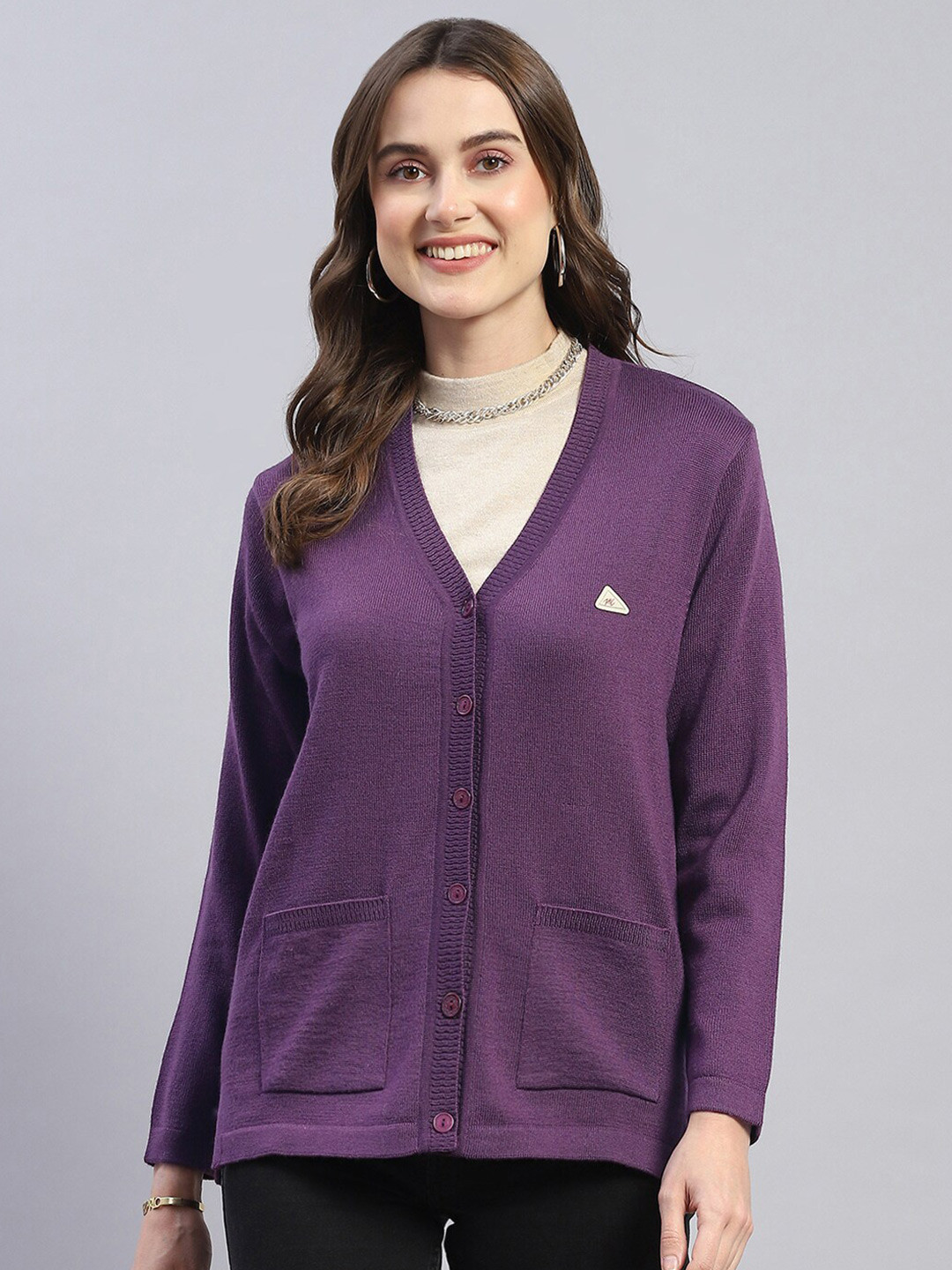 

Monte Carlo V-Neck Woolen Cardigan Sweater, Purple