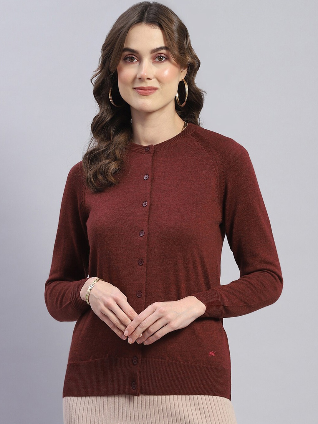 

Monte Carlo Round Neck Woollen Cardigan Sweater, Maroon