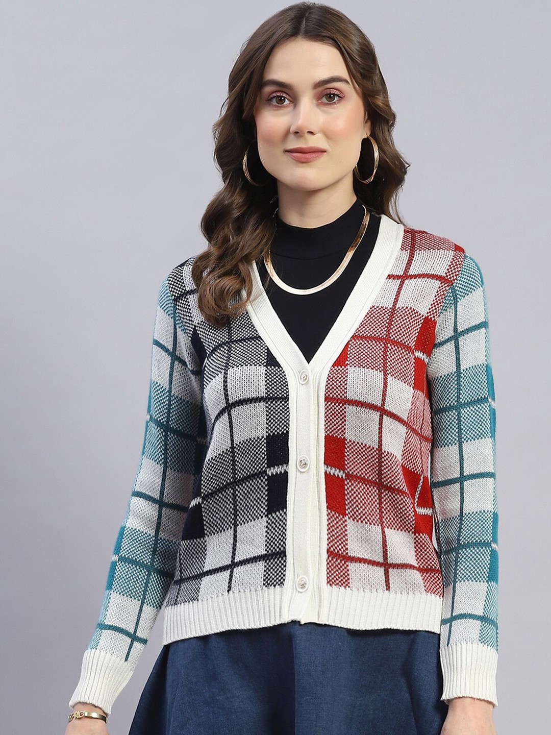 

Monte Carlo Women Off White Checked Woollen Cardigan