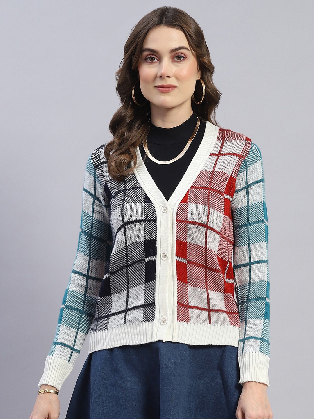 

Monte Carlo Women Off White Checked Woollen Cardigan