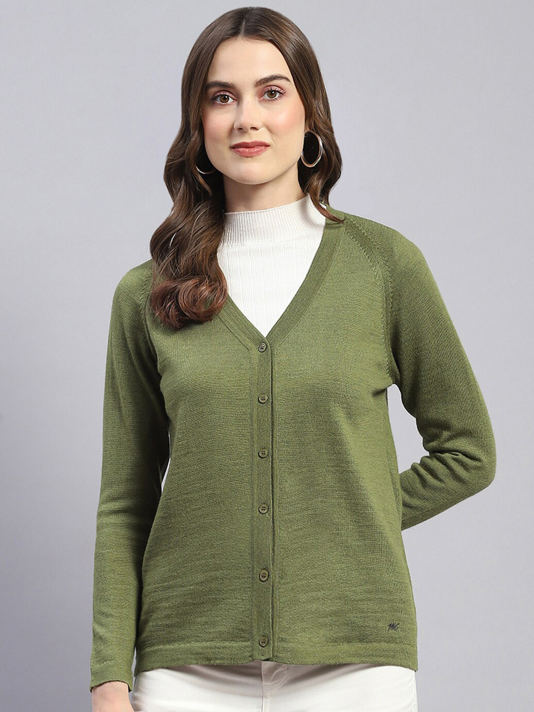 

Monte Carlo V-Neck Long Sleeves Pure Wool Cardigan, Olive