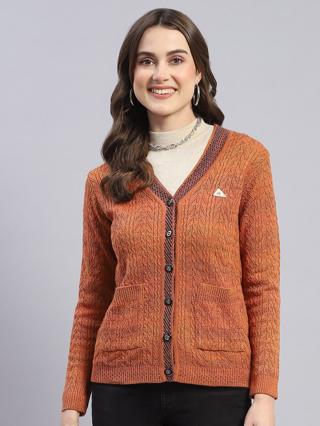 

Monte Carlo Cable Knit Self Design V-Neck Cardigan Sweater, Rust