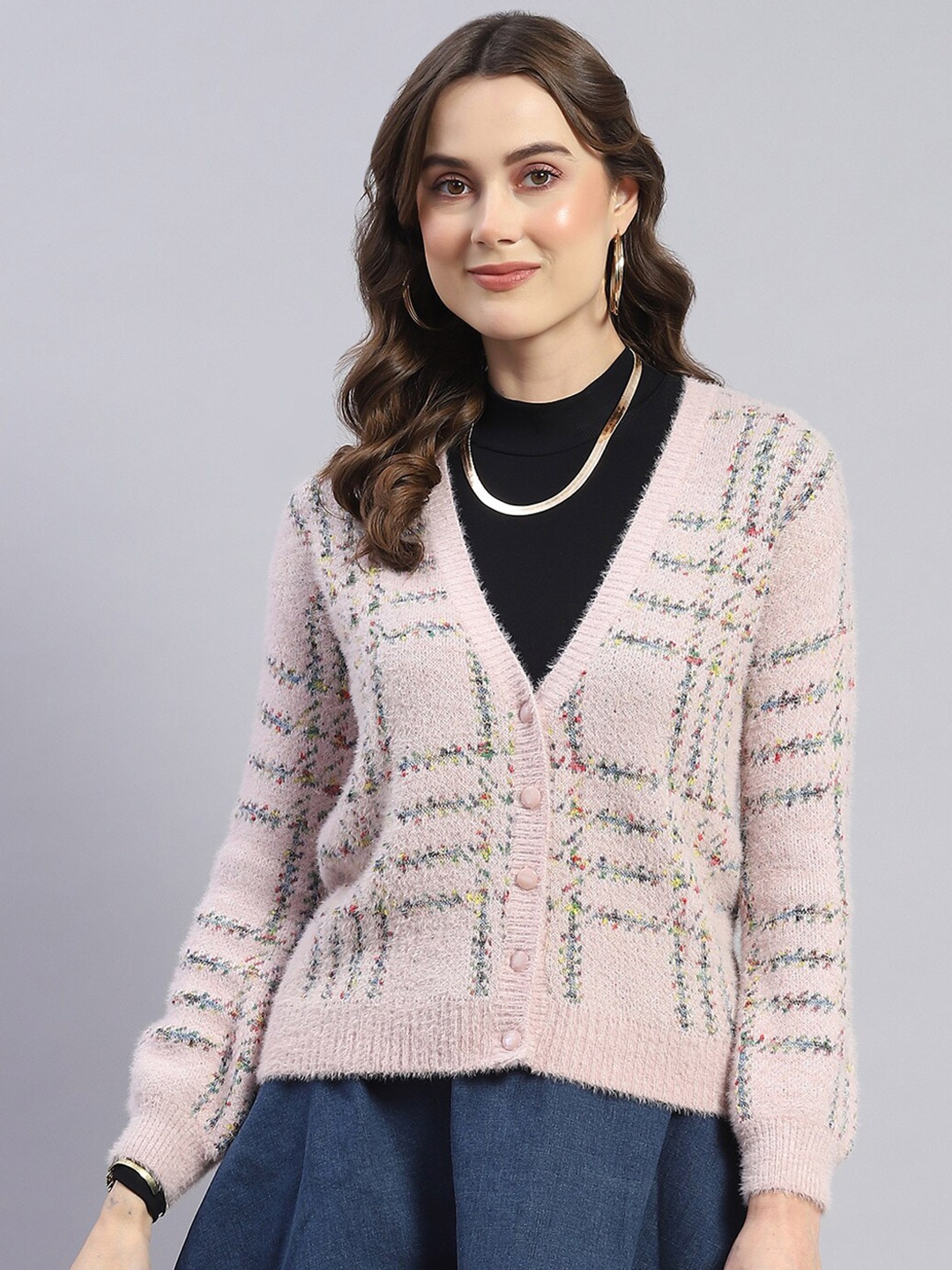 

Monte Carlo Checked Cardigan Sweater, Pink