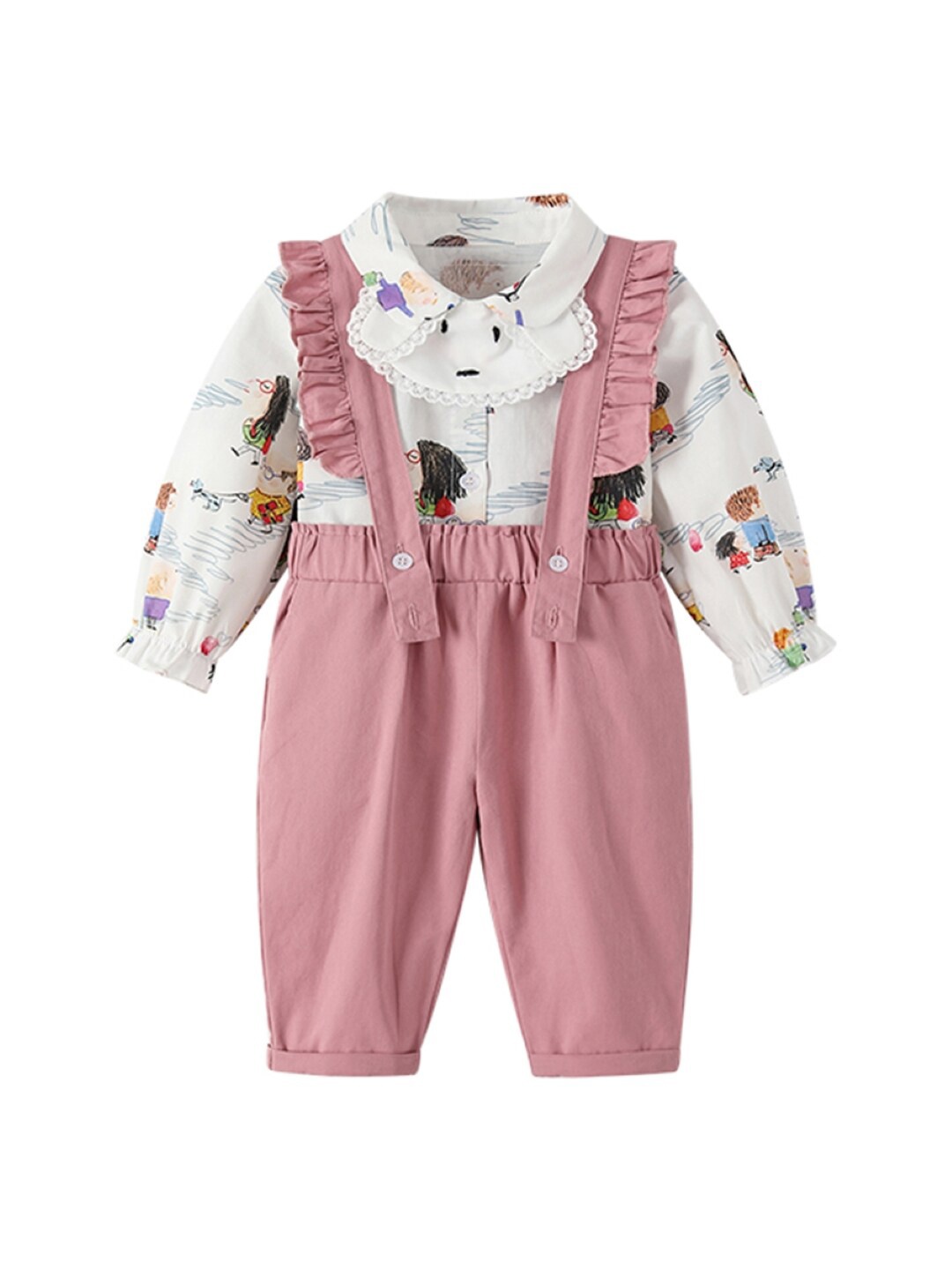 

StyleCast Infant Girls Conversational Printed Pure Cotton Dungaree With Shirt, White