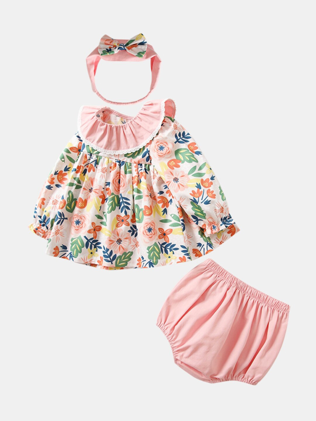 

StyleCast Girls Pink Floral Printed Pure Cotton Top With Shorts & Headband