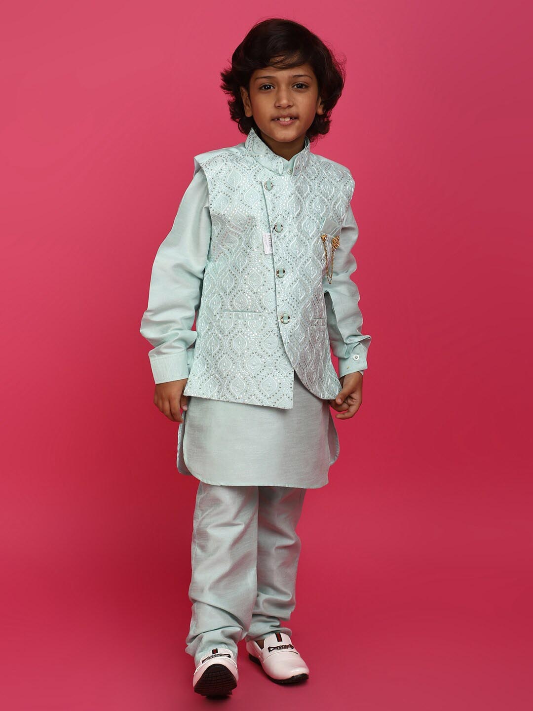 

V-Mart Boys Self Design Pure Silk Mandarin Collar Sherwani Set, Blue