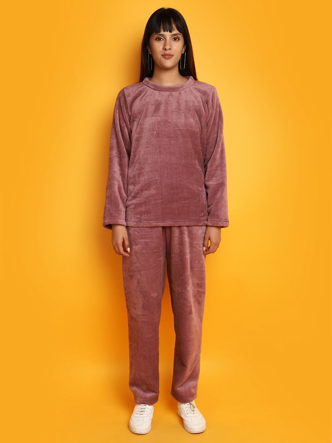 

V-Mart Self Design Round Neck Pure Cotton Sweatshirt & Trousers, Brown