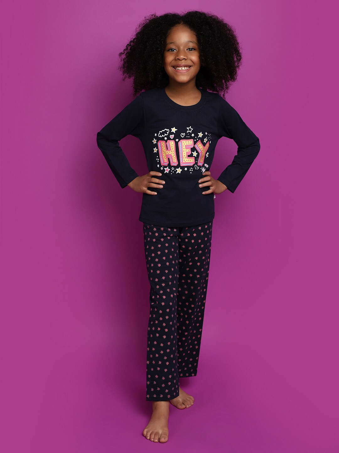 

V-Mart Girls Printed Pure Cotton Night suit, Navy blue