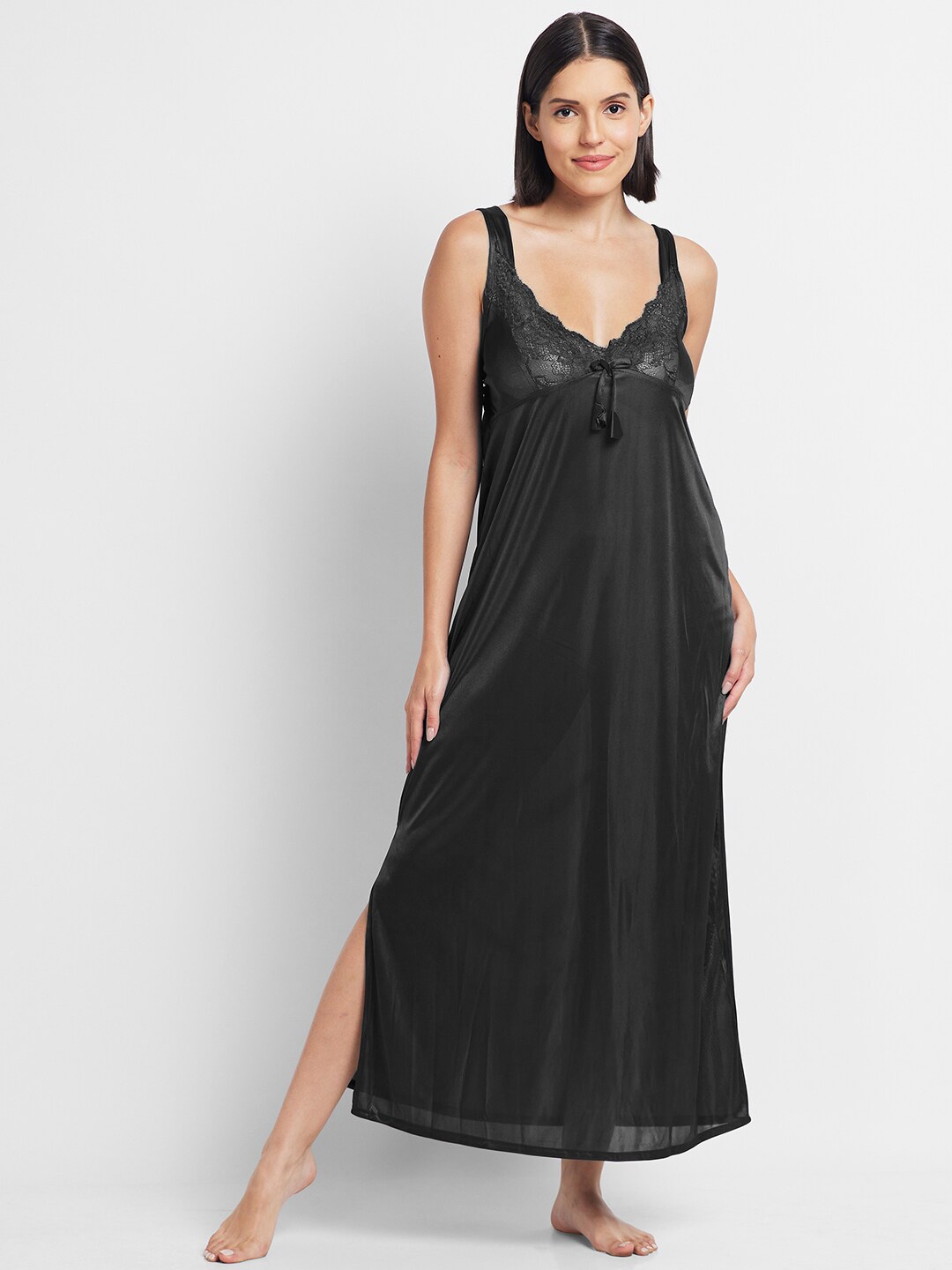 

FashionRack Shoulder Straps Maxi Satin Nightdress, Black
