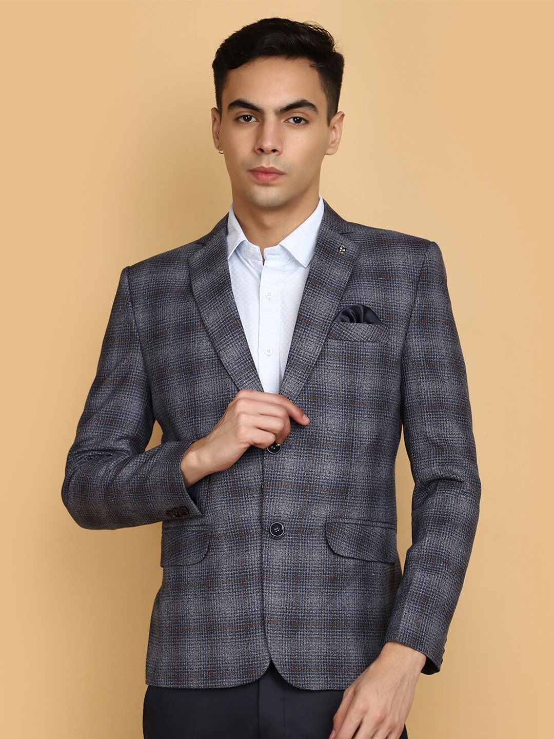 

V-Mart Checked Single-Breasted Tweed Blazer, Blue