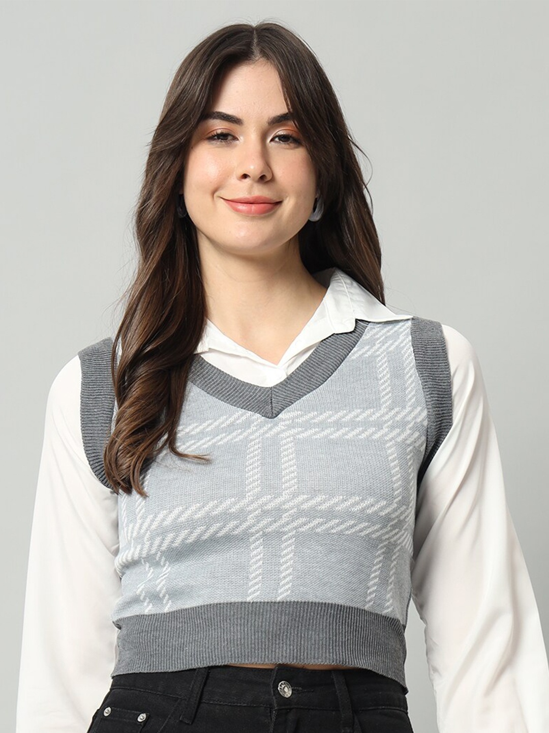 

BROOWL Checked V-Neck Woollen Crop Sweater Vest, Grey