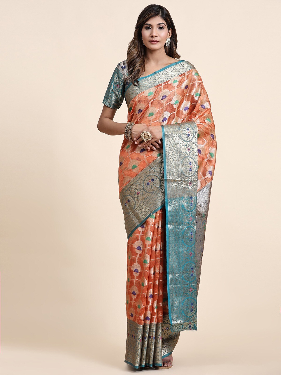 

bansari textiles Ethnic Motifs Zari Organza Banarasi Saree, Orange