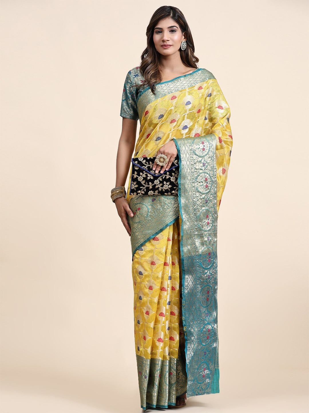 

bansari textiles Ethnic Motifs Zari Organza Banarasi Saree, Yellow