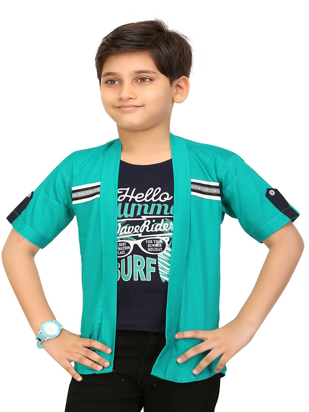 

BAESD Boys Lightweight Long Sleeves Open Front Jacket With Attached T- Shirt, Green