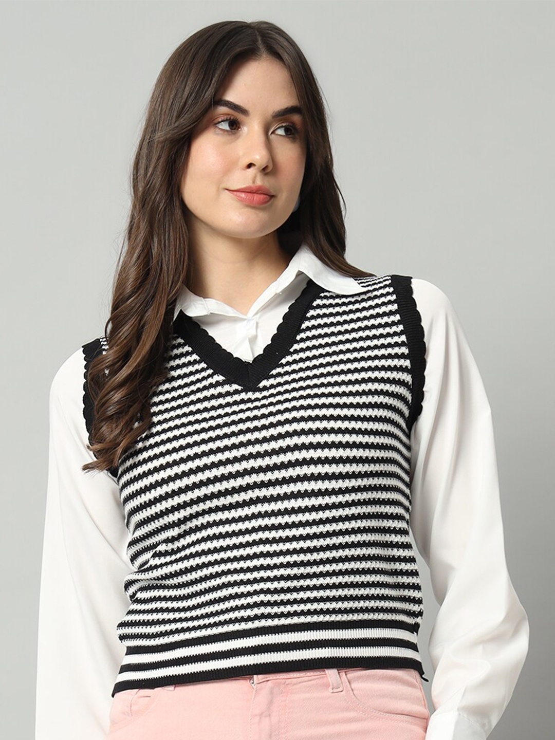 

BROOWL Striped V-Neck Woollen Crop Sweater Vest, Black