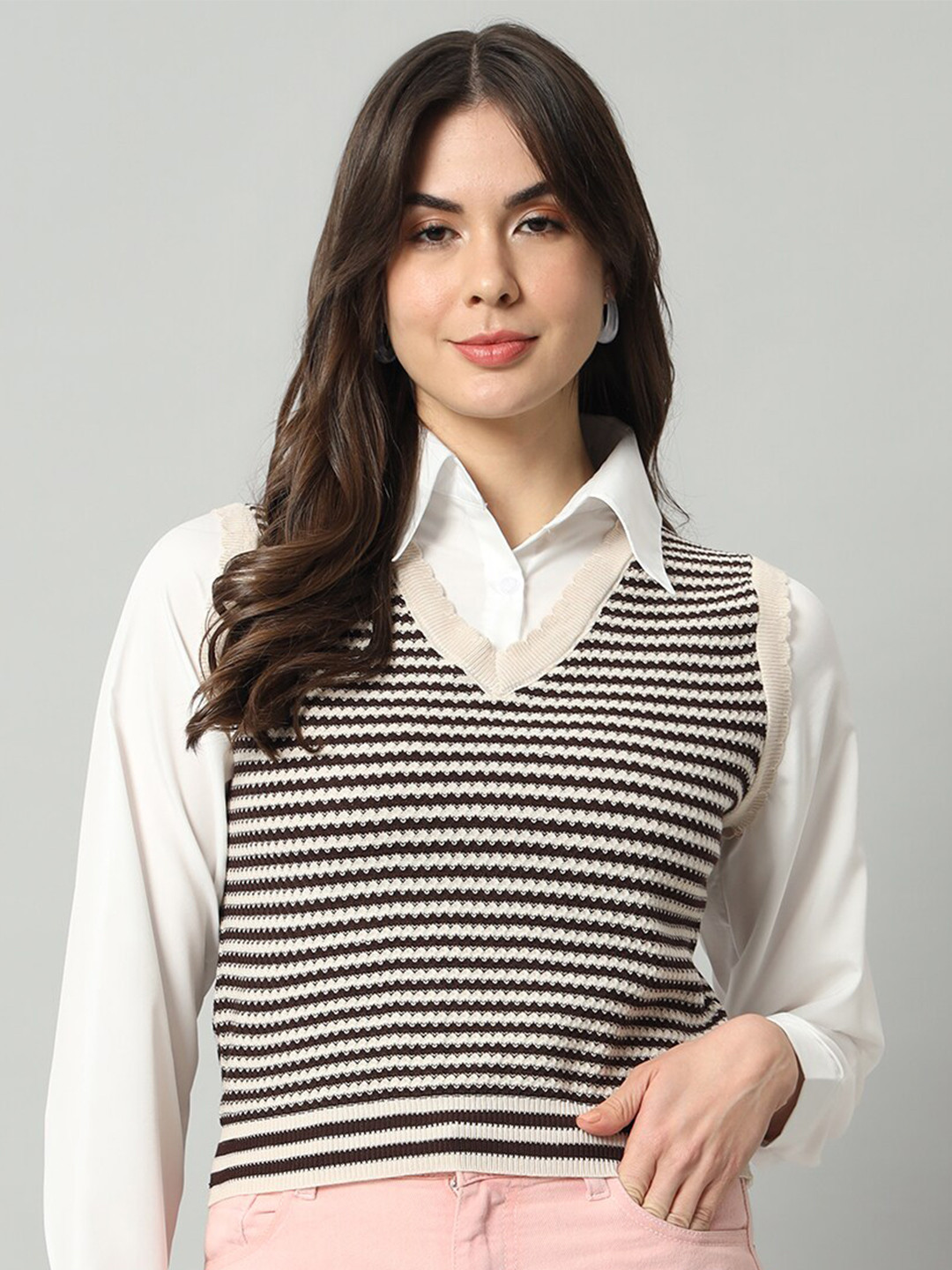 

BROOWL Striped V-Neck Woollen Crop Sweater Vest, Cream