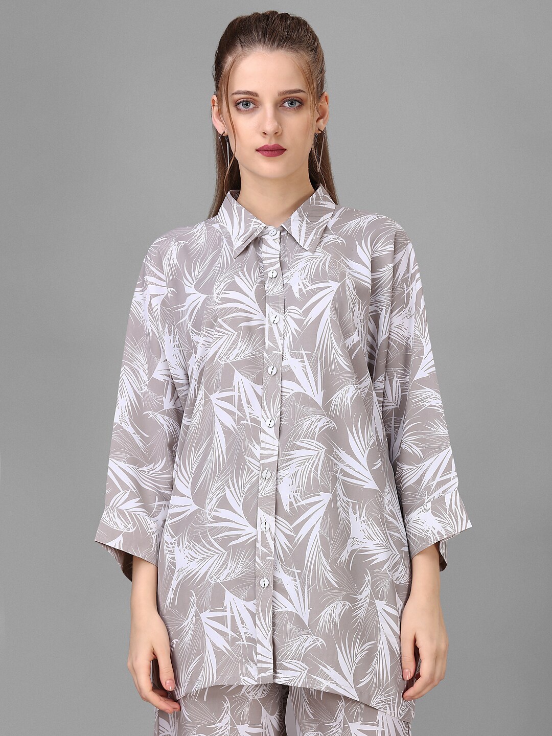 

HOUSE OF MIRA Tropical Printed Shirt Collar Shirt With Trousers, Grey