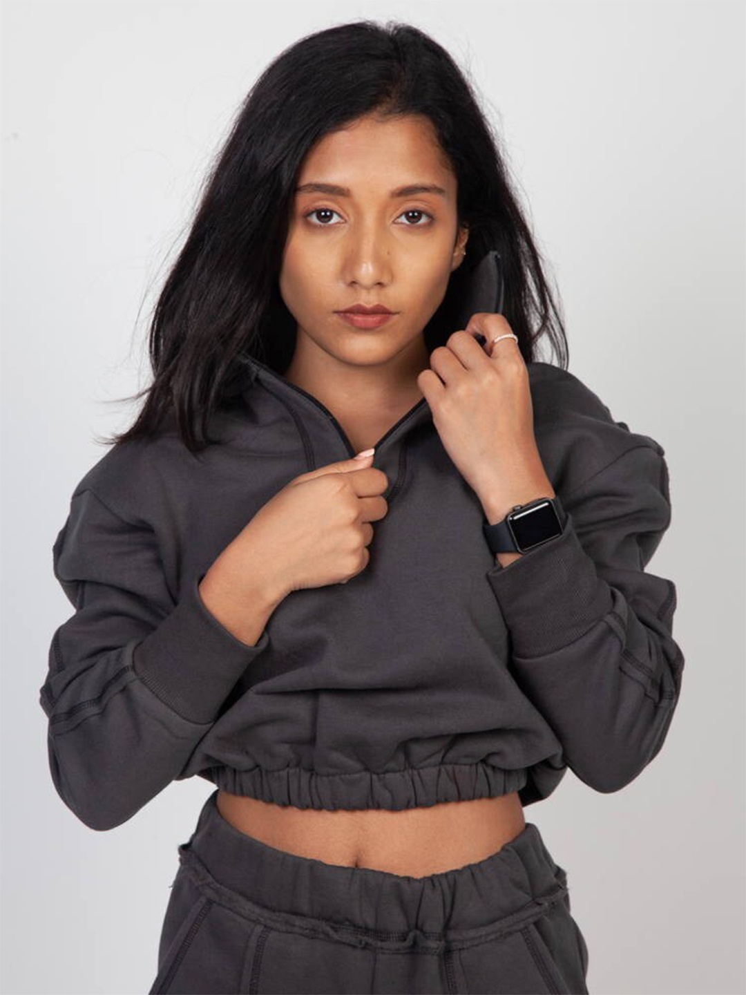 

CAVA Stand Collar Crop Pullover Visible Seam Sweatshirt, Charcoal